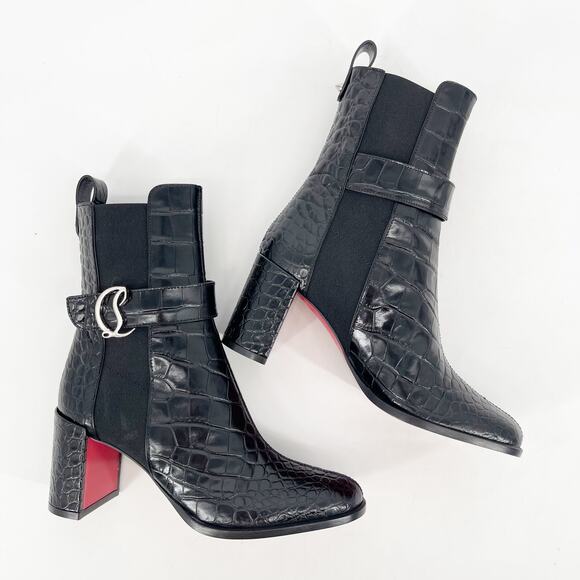 NWOB Christian Louboutin CL Chelsea Booty Black Croc Embossed Ankle Boots EU 37 - Picture 3 of 11